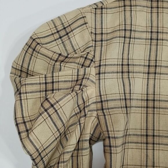 Missguided Blouse Women's Size 2 Button Up Long Puff Sleeve Plaid Tan Black - Picture 5 of 12